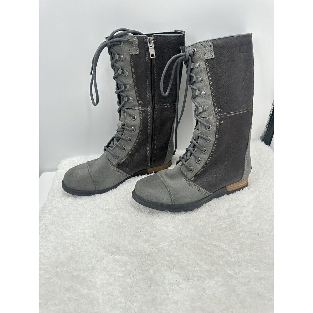 Sorel Major Maverick Grey and Black Leather Lace Up Mid Calf Boots Size 7.5